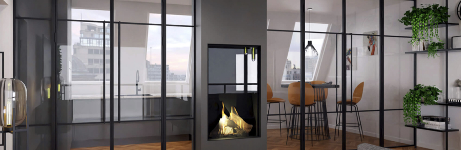 fire rated glass doors in a house with a fireplace